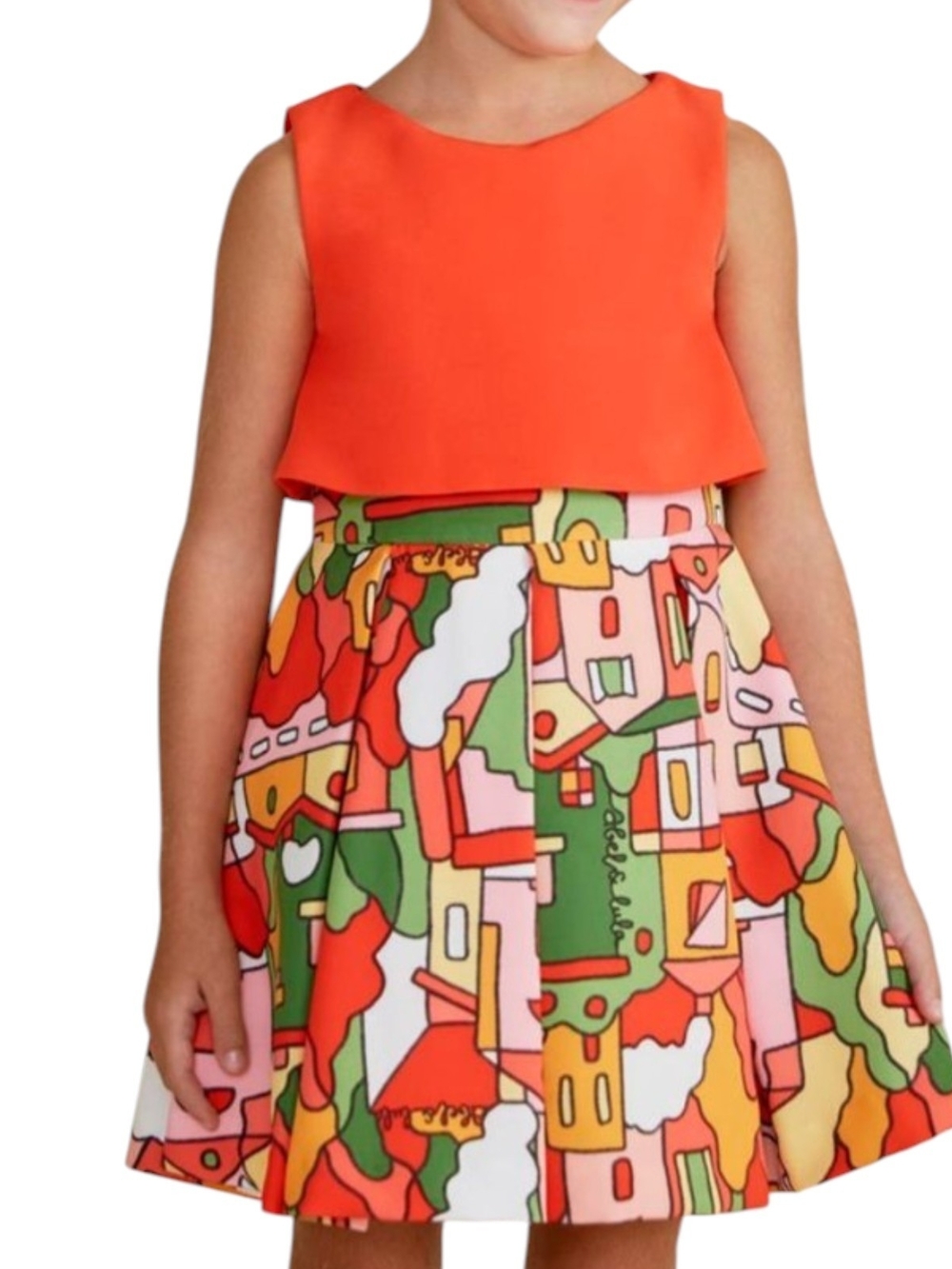 Abel & Lula sleeveless dress features a bright red bodice contrasted Size 14